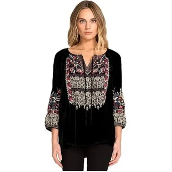 Johnny Was Tops - Johnny Was Claude Black Velvet Embroidered Peasant Tunic